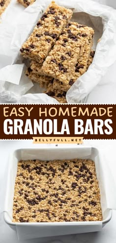 One batch of this easy granola recipe doesn't last long! It's the perfect breakfast on the go or afternoon snack idea. Chewy, crispy, and loaded with chocolate chips, these Homemade Granola Bars are a delicious back-to-school food idea! Easy Homemade Granola Bars, Granola Bars Recipe, Homemade Granola Recipe, Easy Homemade Granola, Chocolate Chip Granola Bars, Granola Recipe Bars, Homemade Granola Bars, Granola Recipe, Granola Recipes