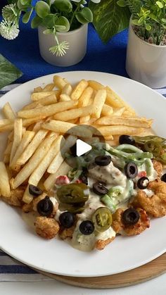 a white plate topped with french fries covered in cheese and olives next to potted plants