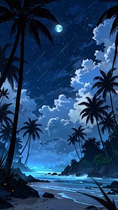 a night scene with palm trees and the moon in the sky above it, on a tropical beach