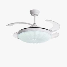 a white ceiling fan with a light on it's side and two blades in the middle