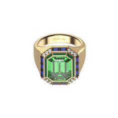 This opulent cocktail ring collection is a true statement of luxury and timeless elegance. Each piece showcases the exquisite craftsmanship of fine enamel work, featuring large, vibrant-colored gemstones paired with lab-grown diamonds. The classic trio of rich red, green, and blue hues come together in perfect harmony, evoking a sense of vintage sophistication. The textured gold band adds a layer of depth, enhancing the overall grandeur and ensuring these rings stand out as masterpieces of retro Luxury Emerald-cut Sapphire Ring With 17 Jewels, Luxury Green Sapphire Ring With Accent Stones, Luxury Emerald Ring With Accent Stones For Formal Occasions, Luxury Green Sapphire Ring With Gemstone Accents, Luxury Tsavorite Jewelry With Gemstone Accents, Luxury Green Rings With Gemstone Accents, Elegant Multi-stone Sapphire And Emerald Ring, Luxury Tsavorite Ring With Gemstone Accents, Luxury Tsavorite Emerald Ring For Formal Occasions