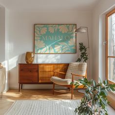 a living room filled with furniture and a painting on the wall