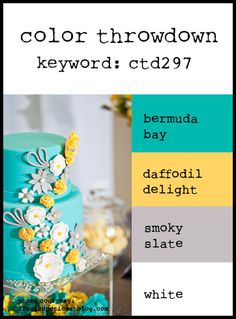 a blue and yellow wedding cake with white flowers on the top is featured in color throwdown keyword ctd237