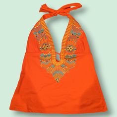 Nanette Lepore Embroidered Halter Tankini Top Orange/Red Size - Xs New With Tags Size: Xs Red/Orange Tankini With A Gorgeous Embroidered Plunging Neckline In Turquoise, Orange & Yellow Halter, Tie Closure, Pull On Boho Design Orange Embroidered V-neck Top, Embroidered Orange V-neck Tops, Orange Embroidered Beach Top, Orange Embroidered Top For Beach, Fitted Embroidered Beach Top, Fitted Embellished Tops For Beach, Red Embroidered Holiday Tops, Fitted Embroidered Orange Tops, Fitted Orange Top With Floral Embroidery