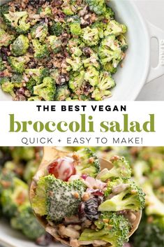 broccoli salad in a white bowl with text overlay