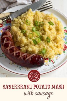 a plate with mashed potatoes and sausage on it