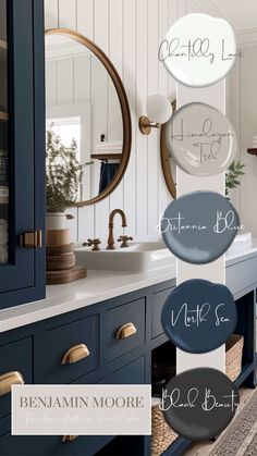 a bathroom with blue cabinets and white walls