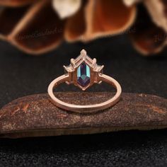 Unique Alexandrite Engagement Rings Women Rose Gold Elongated | Etsy Alexandrite Engagement Rings, Engagement Rings Women, Cluster Wedding Ring, Hexagon Ring, Rings Women, Alexandrite Engagement Ring, Alexandrite Ring, Ring Art Deco, Purple Band