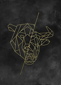 an animal made out of geometric shapes on a black background with gold lines in the shape of a bull's head