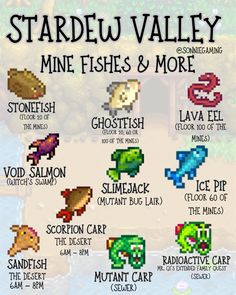 the stardew valley mine fishes and more poster with different types of items