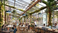 an artist's rendering of the inside of a greenhouse with people eating and drinking