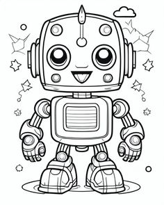 a cute robot coloring page with stars in the background