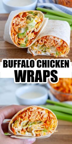 the buffalo chicken wraps are cut in half and stacked on top of each other