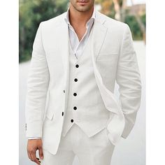 Category:Linen Suits; Embellishment:Pocket; Season:Spring, Fall, Winter, Summer; Fabric:Linen Blended; Front Closure:Single-Breasted Buttons; Includes:Vest,Pants,Jacket; Occasion:Wedding; Fit Type:Tailored Fit; Jacket Buttons:Single Breasted Two-buttons; Jacket Vents:Single (Center); Jacket Pockets:Straight Flapped; Vest Buttons:5; Pattern:Solid Colored; Listing Date:05/08/2024; Production mode:External procurement; Pant Length:null; Pants Waist:null; Shoulder Width:null; Sleeve Length:null; Bus Mens Beach Wedding Suits, White Wedding Suits For Men, White Vest Suit, Mens Tux, Mens White Suit, Suit For Men Wedding, Beach Wedding Suits, White Wedding Suit, White Tux