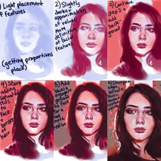 four different types of female face expressions in various stages of drawing, with text describing them