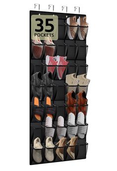 an image of a shoe rack with shoes hanging on the side and three rows of them