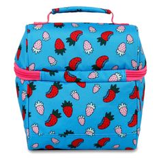 a blue lunch bag with strawberries on it