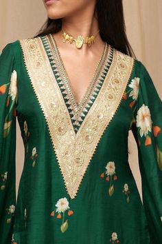 Shop for Masaba Green Raw Silk Buttercup Flower Print Kurta for Women Online at Aza Fashions V Neck Kurti Design, Raw Silk Kurta, Suits For Women Indian, Printed Kurti Designs, Suit Neck Designs, Cutwork Lace, Stylish Kurtis Design, Buttercup Flower, Neck Designs For Suits