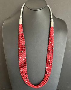 Sterling Silver Multi Strand Red Coral Bead Necklace 36 Inch Traditional Multi-strand Faceted Bead Necklace, Red Single Strand Long Necklace, Traditional Red Beaded Necklaces With Round Beads, Red Oval Beads Jewelry, Traditional Red Jewelry With Polished Beads, Traditional Red Coral Beaded Necklace, Traditional Red Necklace With Large Beads, Traditional Red Polished Beads Jewelry, Traditional Red Beaded Necklaces