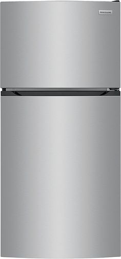 a stainless steel refrigerator freezer sitting in front of a white background