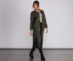 Yes girl. you came to take charge and slay every step in this trendy camo jacket! It features a collar. long sleeves with buttons to cuff. top pocket detailing. a complete button down front. slight all over distressing. and a frayed hem. The long line jacket showcases a camouflage print and offers a relaxed fit.Model is 5'9" with 32" bust. 24" waist and 34.5" hips. She is wearing a size small. Take Charge, Camo Jacket, Camouflage Print, Street Style Chic, Trench Coats Women, Line Jackets, Jacket Sale