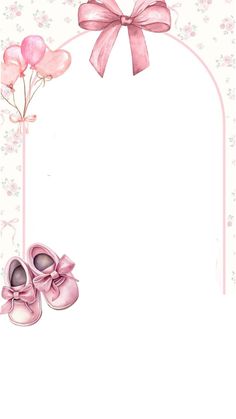 a pink frame with baby shoes and balloons