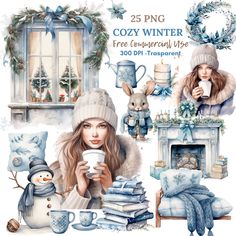 watercolor winter clipart set with girl and snowman, fireplace, coffee mug