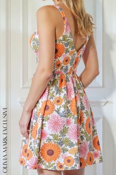 Olivia Mark - Vibrant Floral Print Cami Dress with Flared Skirt - A Sunflower Symphony in Pastel Casual Floral Print Dress With Full Skirt, Spring Vacation Dresses With Full Skirt, Casual Multicolor Full Skirt Dress, Flared Skirt, Cami Dress, Olivia Mark, Flare Skirt, Sunflower, Floral Print