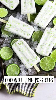 limeade popsicles on a baking sheet with ice and limes around them, ready to be eaten