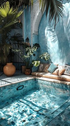 an indoor swimming pool surrounded by plants and potted palm trees in the background,