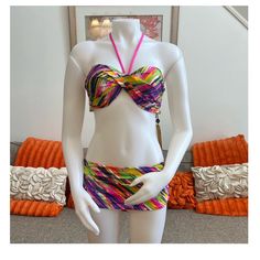 Nwt A.Che Colorful Bandeau Top & Skirt Bottom Bikini. The Bandeau Top Has And Optional Halter Strap, Built In Slight Padding And Is Tie Back. The Skirted Bottom Has Attached Briefs And Ruching Detail At The Sides. Size Medium. 85% Nylon 15% Spandex. Comes From A Smoke And Pet Free Home. Halter Strap, Bandeau Top, Tie Backs, Tie Back, Briefs, Womens Swim, Pink And Green, Built In, Swimming