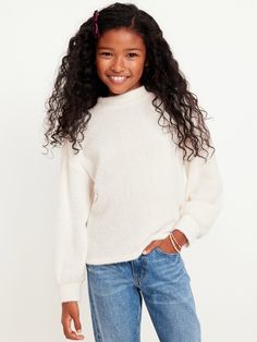 mock neck long sleeves drop shoulders relaxed fit hits high at hip models are approx.  4’3” – 4’8” and wear size m (8)machine wash according to the care instruction label Chenille Sweater, Sweater White, Family Pajamas, Family Maternity, Outerwear Sweater, Girls Sweaters, White Sweaters, Toddler Boys, Mock Neck