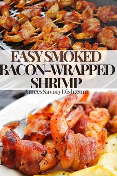 bacon wrapped shrimp on a plate with lemon wedges