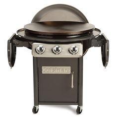 an outdoor gas grill with two burners on the top and one side open to show the