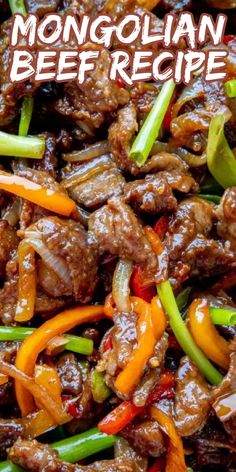 beef and peppers stir fry in a skillet with the words beef recipe on it