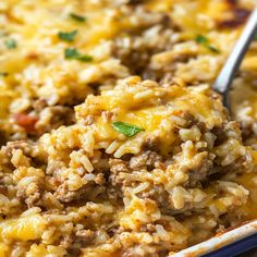 a casserole dish filled with ground beef and cheese