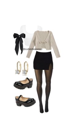 Outfit Ideas For A Christmas Party, Black Mini Skirt Outfit Mary Janes, Christmas Black Skirt Outfit, Black Woman Christmas Outfits, Outfits For The Nutcracker Ballet, Skirt With Mary Jane Shoes, Skirt And Cardigan Outfit Winter, Christmas Mini Skirt Outfit, Black And White Holiday Outfit