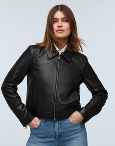 With a two-way zip-front and clean, minimal design, this luxe leather jacket draws inspiration from the shrunken silhouettes of the '90s. A true closet staple that wears well with just about anything.Regular fit.Body length: 21".100% leather.Do Well: leather sourced from a tannery that was certified by the Leather Working Group (LWG), an organization that works to promote sustainable environmental practices in the leather industry.Spot clean.Imported. Classic Black Leather Jacket, Wardrobe Essentials List, Shrunken Sweater, Jacket Drawing, French Wardrobe, Jacket Outfit Women, Dinner Wear, Womens Black Leather Jacket, Leather Industry