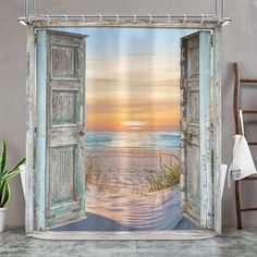 an open door leading to the beach at sunset shower curtain set size 69 h x 72 w