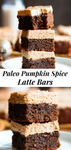 three pieces of cake stacked on top of each other with the words pale pumpkin spice latte bars