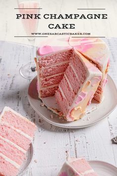 a pink champagne cake on a white plate