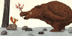 an illustration of a brown bear standing in the snow next to a tree with red berries on it