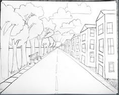 a drawing of a city street with trees on both sides and a bench in the middle