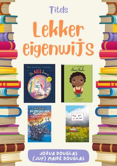 a poster with books stacked on top of each other and the words titels leker