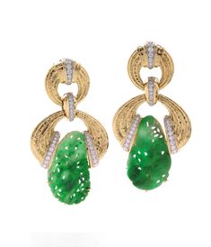 Carved jade, brilliant-cut diamonds, hammered 18K gold, and platinum Luxury Jade Earrings For Formal Occasions, Luxury Jade Jewelry, David Webb, Carved Jade, Jade Earrings, Jade Carving, Brilliant Cut Diamond, Diamond Cuts, Jade