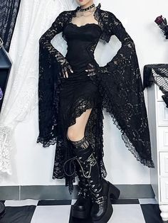 Material: Polyester spandexColor: BlackOption: Bolero Only, Dress OnlySize: XS, S, M, L Bolero Size: Unit: CM Shoulder Sleeve Length XS 33 64 18 S 34 65 18.5 M 35 66 19 L 36.5 67 19.5   Dress Size: Unit: CM Shoulder Waist Hip Length S 67-87 57-69 76-90 118 M 71-91 61-73 80-94 120 L 77-97 67-79 86-100 122   * 1cm ≈ 0.39 Lacy Goth Outfit, Gothic Lace Dress, Goth Outfits Dress, Goth Looks Outfits, Outfit Ideas Goth, Lace Gothic Dress, Classic Goth, Dark Costumes, Elegant Goth