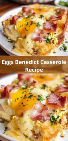 eggs benedict casserole recipe on a white plate