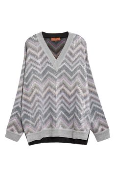 Scattered sequins spangle the signature chevron stripes of this V-neck sweater knit in an oversized fit with a high-low hem. V-neck Long sleeves High-low hem 45% viscose, 29% polyester, 26% polyamide Dry clean Made in Italy Designer Clothing Chevron Sweater, Chevron Stripe, Sweater Knit, High Low Hem, V Neck Sweater, Stripe Sweater, Missoni, Vneck Sweater, Neck Sweater