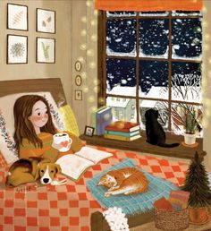 Hygge Illustration, Bedroom Illustration, Calming Pictures, Animals And People, Winter Bedroom, Winter Illustration, Artist Alley, Reading In Bed, Mystical Art