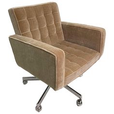 an office chair with wheels and a brown upholstered seat